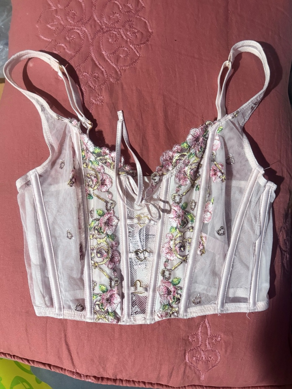 Victoria's Secret Pale Pink Embroidered Floral Corset Top